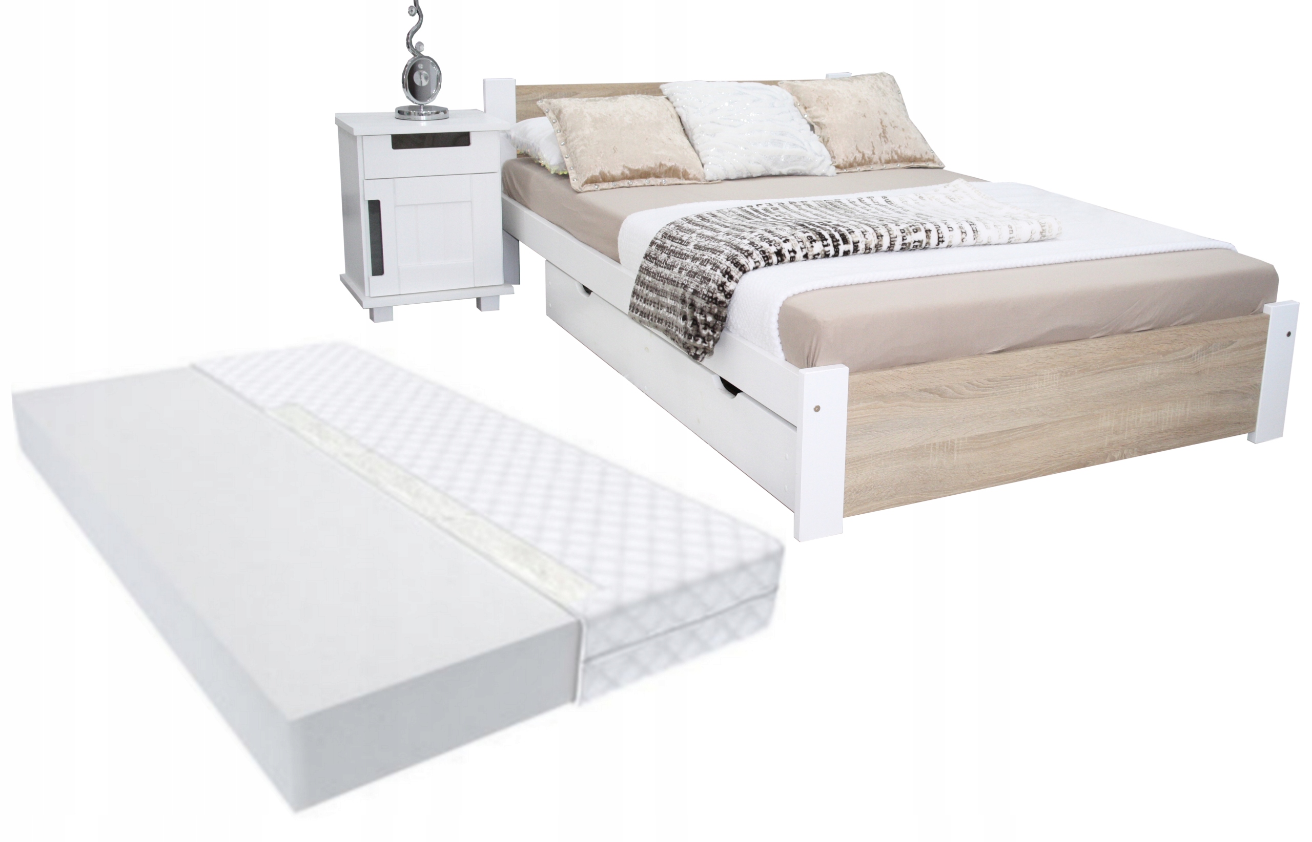 Łóżko pojedyncze 3D 90x200 białe dąb sonoma MATERAC Pi + stelaż gratis