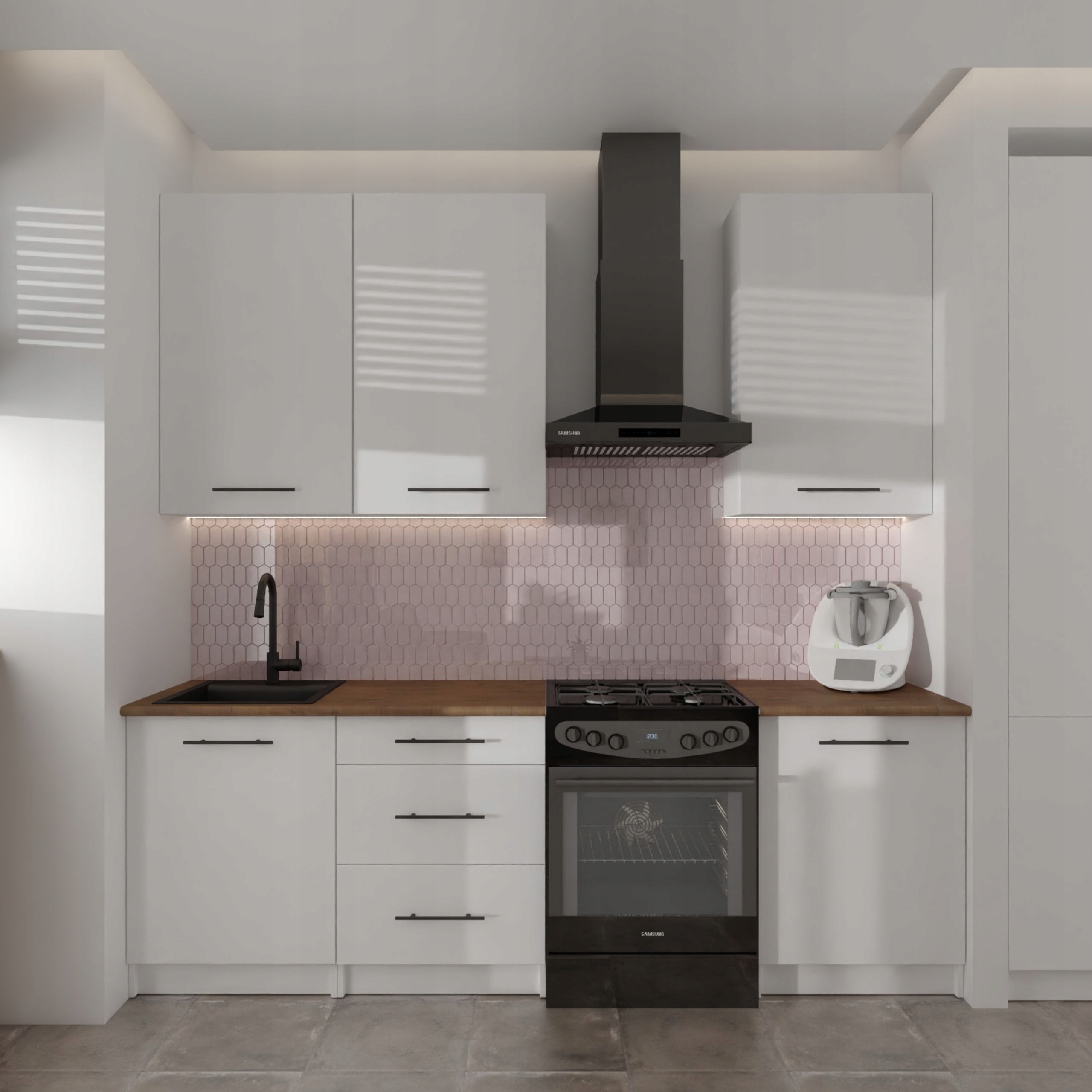 Meble kuchenne FLIP 240 cm nowoczesne biały mat z blatem