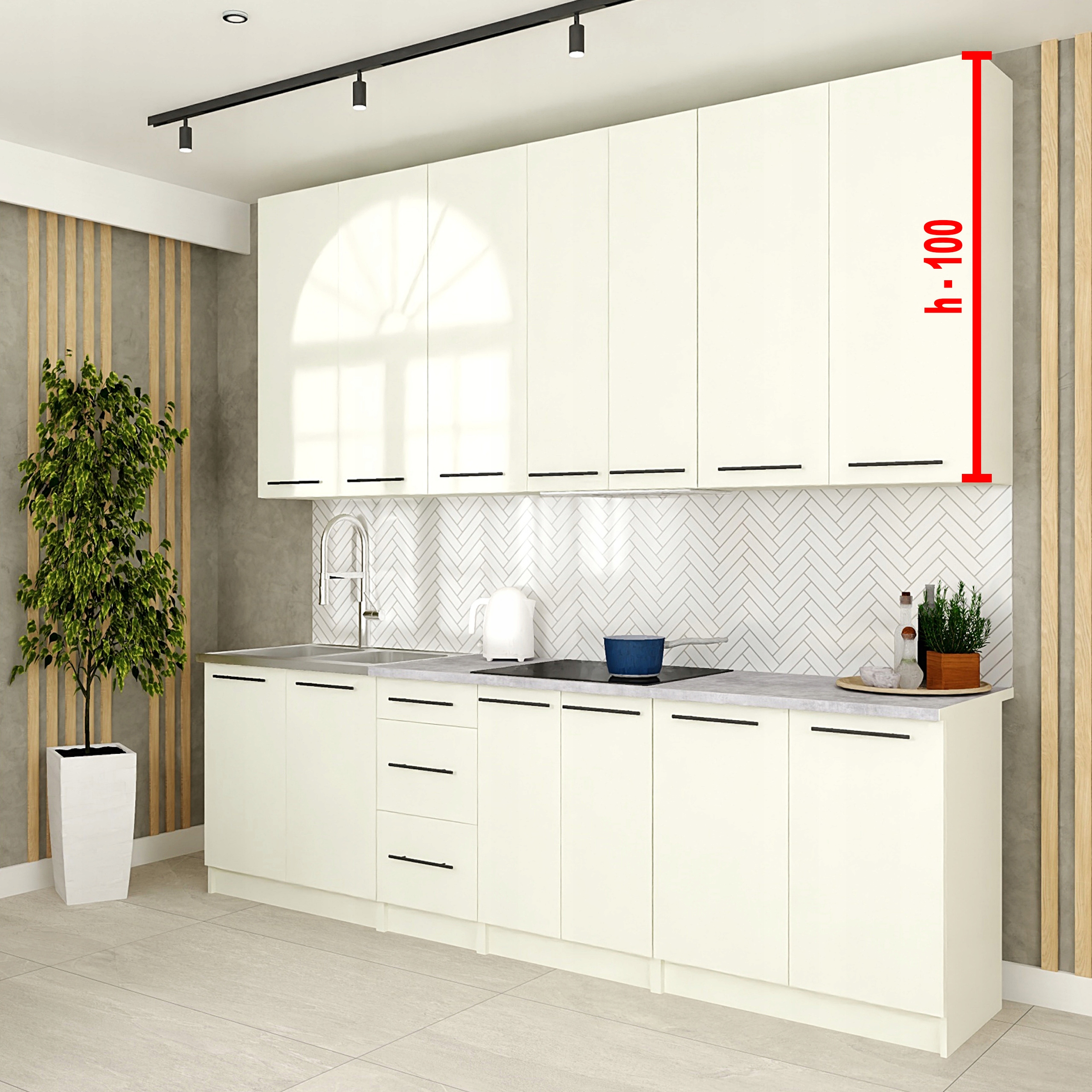 Meble kuchenne z BLATEM - 2,6 m - FLIP biały mat - wysokie góry na 100 cm