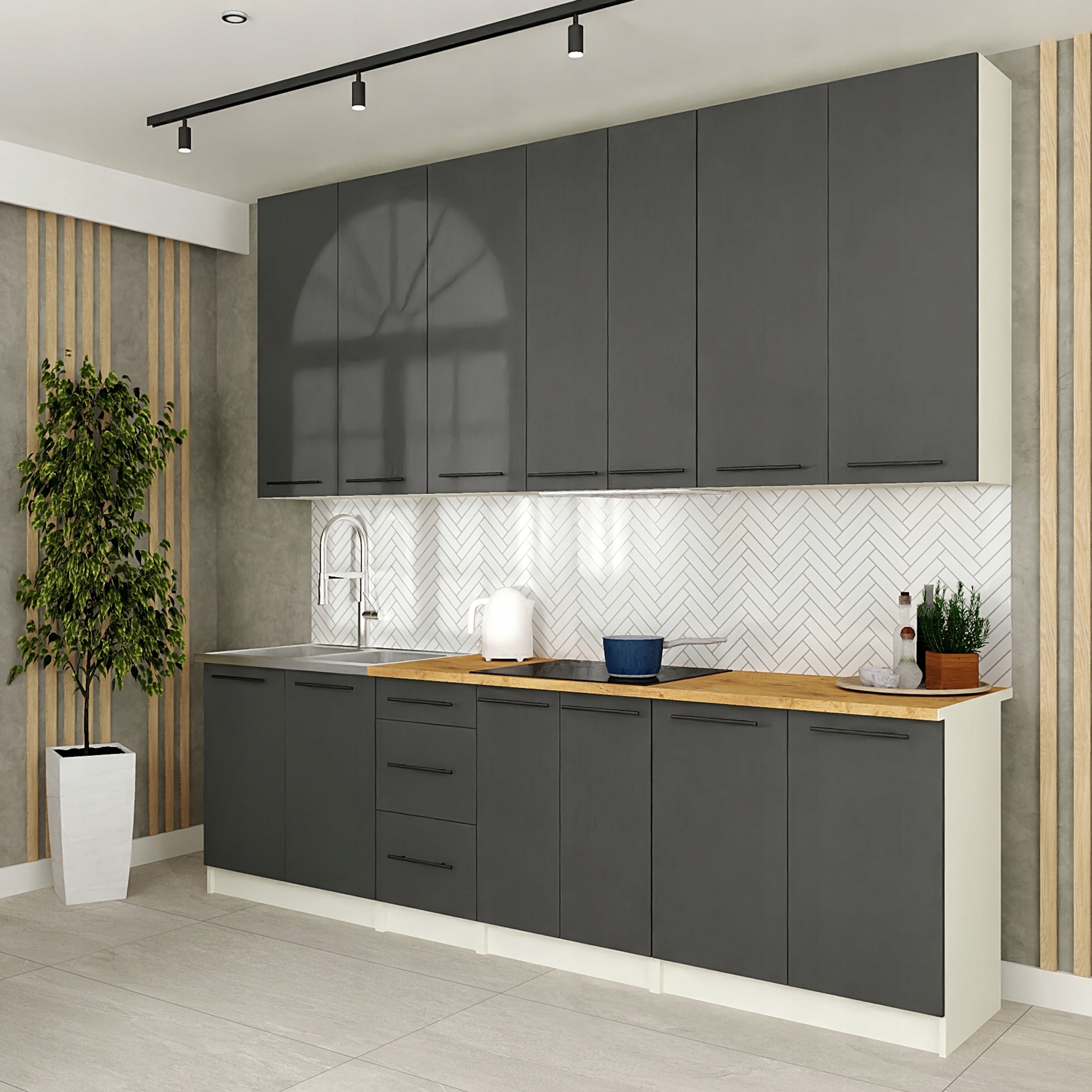 Meble kuchenne z BLATEM - 2,6 m - FLIP szary - wysokie góry na 100 cm