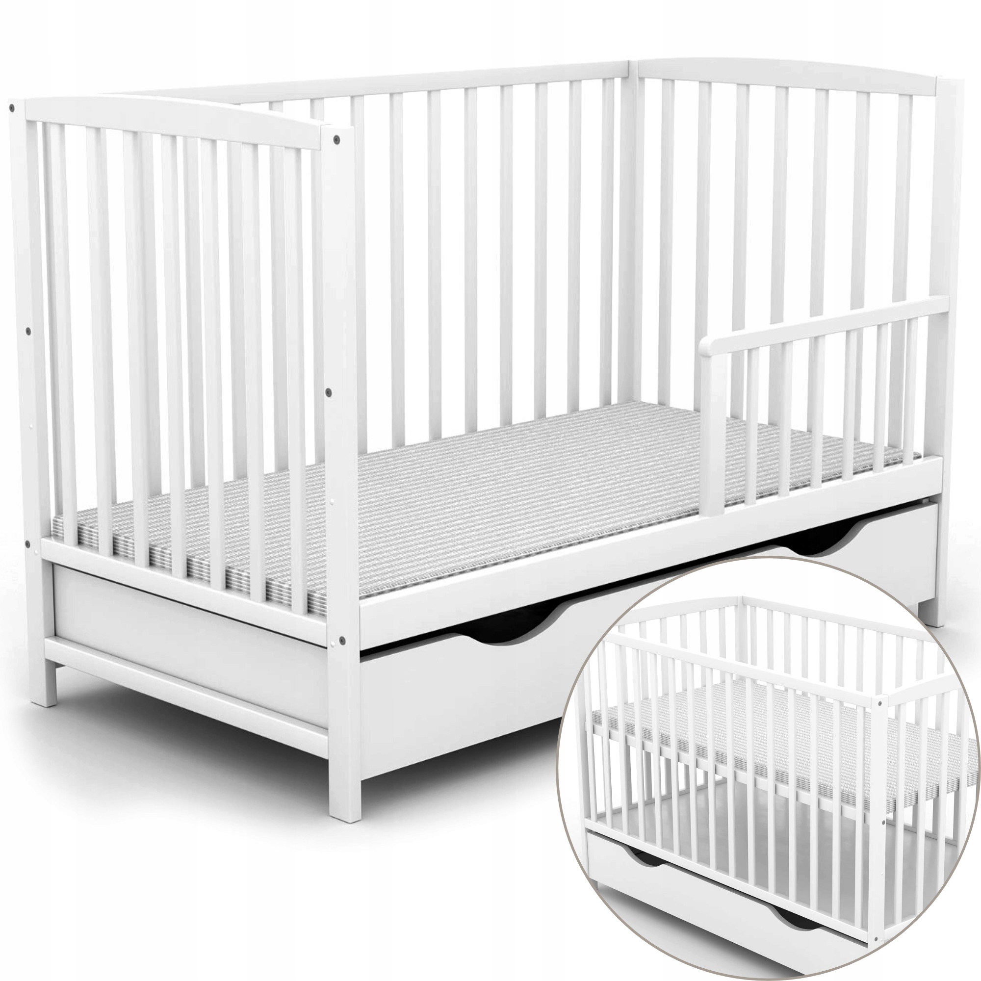 Białe Łóżeczko Sosnowe z Szufladą Krzyś + Barierka dla opcji Sofa /Arco